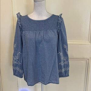 LOFT Denim Blue Top with Ivory Embroidery